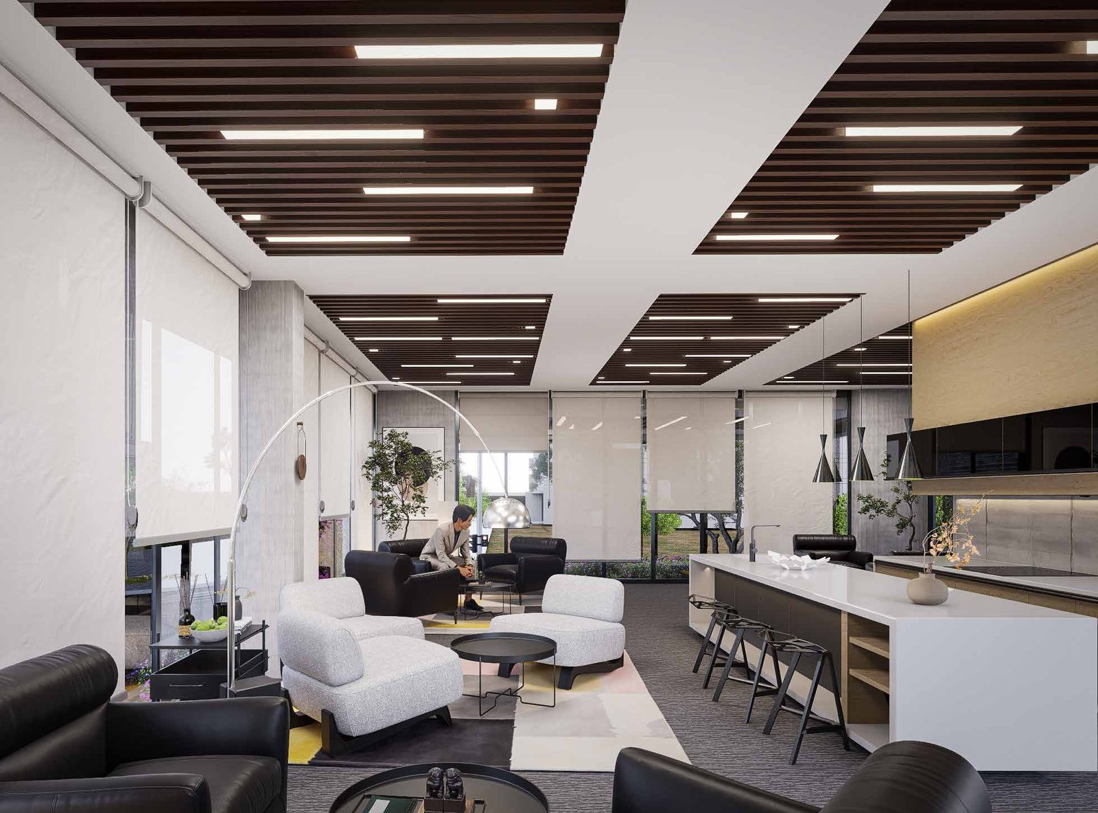 Contemporary mezzanine lounge with seating and refreshment counter at Hawa