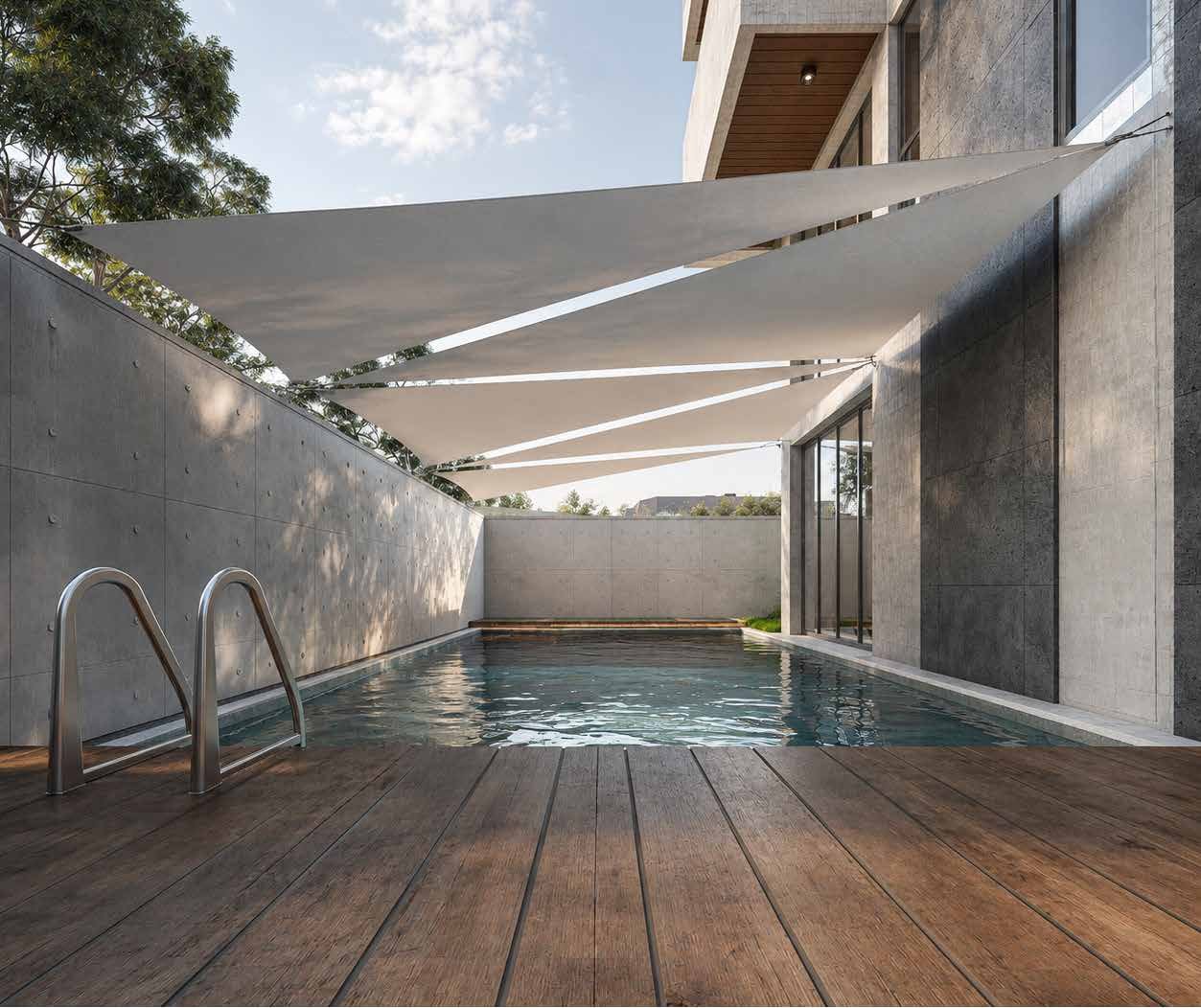 Private 9 foot by 30 foot swimming pool with shaded canopy at Hawa